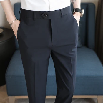 Корейский летний деловой костюм из тонкого шелка льда, брюки для мужчин, одежда 2023, Официальная одежда, Приталенные Повседневные Прямые офисные брюки 44 42 1