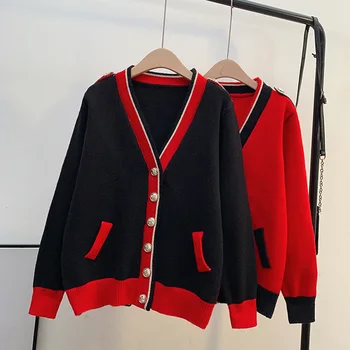 Красный кардиган, свитер, куртка женская, Южная Корея, 2023, осень и зима, новый стиль, иностранная свободная верхняя одежда, ленивый вязаный топ 1