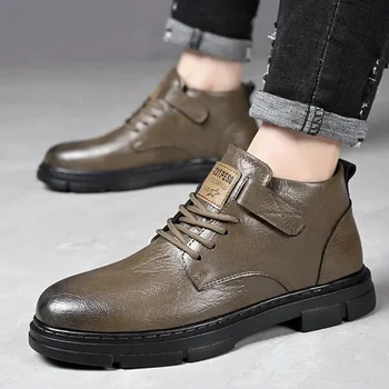 Мужские кожаные ботинки 2024, осень-зима, Роскошная мода, Новый тренд, короткие ботинки для взрослых в британском стиле, Прогулочная рабочая одежда, обувь для мужчин 1
