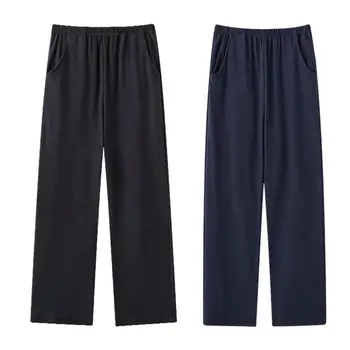Однотонные мужские брюки для сна Мужские зимние пижамные брюки с эластичной средней талией Однотонные тонкие карманы Широкие штанины для удобства 1