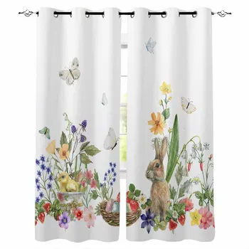 Пасхальный кролик, весенние цветы, бабочки, шторы для гостиной, роскошный декор спальни, шторы для кухни, шторы для балкона. 1