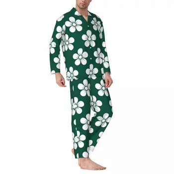 Пижама с цветочным рисунком Ditsy, мужская пижама с принтом белых цветов, Kawaii для отдыха, Весенний комплект пижам повседневного дизайна Oversize из двух частей 1