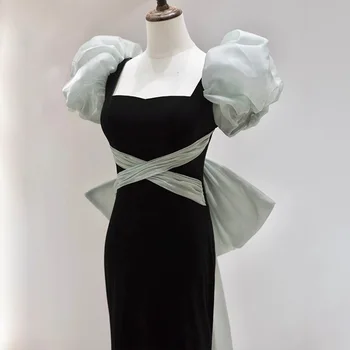 Платье Русалки с пышным рукавом и квадратным воротником, сексуальная спинка с большим бантом, Длинные вечерние платья, Элегантная мода С небольшим шлейфом, Vestido 1