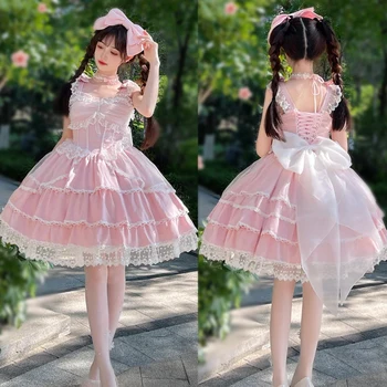 Розовое кружевное платье в стиле Лолиты с оборками и большим бантом, летнее платье без рукавов от JSK, платье принцессы в стиле милой Лолиты, платье для переодевания, Sissy Maid, COS Play
