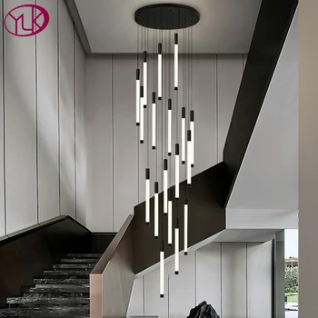 Спиральный дизайн, современная лестница, светодиодная люстра, длинный коридор, вестибюль, подвесной светильник с регулируемой яркостью, декор для дома, черный светильник 1
