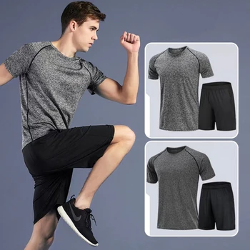 Спортивная одежда из 2 предметов, мужские быстросохнущие шорты для бега и фитнеса с коротким рукавом, летняя футболка из шелка льда, баскетбольные топы, одежда для тренировок 1
