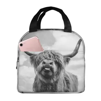Термосумка для ланча Highland Cow Funny Bull, милые сумки для бенто с портретом дикой природы в западном стиле, изолированный ланч-бокс для работы и учебы 1