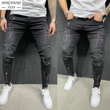 2023 новая мужская одежда, мужские черные рваные джинсы, повседневные молодежные узкие брюки в стиле хип-хоп, байкерские брюки для бега трусцой, мужские узкие джинсовые брюки 2
