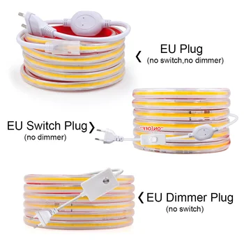 EU 220V COB LED Strip Light Прочный Клей с Переключателем Power Plug 288LEDs RA90 High Bright LED Tape Водонепроницаемая Лента с Регулируемой Яркостью 2