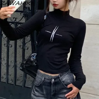 винтажная повседневная модная женская футболка с коротким вырезом и принтом с длинным рукавом, универсальная черная harajuku kpop Y2K, эстетическая ropa de mujer 2