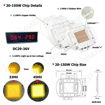 Высокая мощность 20 Вт Светодиодные Чипы 33/45 мил SMD COB Диод Epistar Light chip Теплый Белый Холодный Красный Синий Желтый Зеленый 660 СВЕТОДИОДНЫЙ Прожектор DIY 2