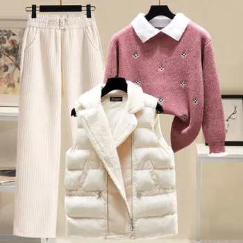 Женский теплый утепленный брючный костюм, жилет, куртка, пальто, свитер + брюки, комплект из трех предметов, верхняя одежда, женская зимняя снежно-холодная одежда 2