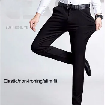 Классические прямые брюки для мужчин, официальные деловые брюки, Черные, синие Повседневные брюки, высокая эластичность, приталенный крой, профессиональные 2