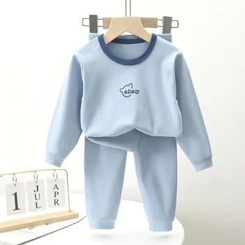 Комплект детского термобелья, осенне-зимняя пижама с утолщенным ворсом, детская домашняя одежда для мальчиков и девочек, однотонная одежда с длинным рукавом 2