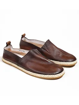 Летние Мужские повседневные соломенные туфли из натуральной кожи, дышащие лоферы без застежки, винтажная высококачественная обувь для рыбаков из коровьей кожи. 2