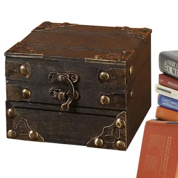 Мини-деревянная коробка для хранения Европейская деревянная коробка для хранения Винтажная шкатулка с замком для сокровищ Деревянная шкатулка для ювелирных изделий Подарочная коробка для бус милые коробочки 2