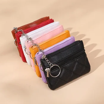 Мини Легкий и простой однотонный брелок с ромбовидной решеткой, подвеска, женский кошелек для монет, сумка для хранения с двумя карманами, сумка для ключей 2
