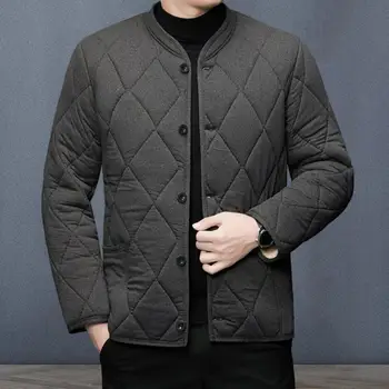 Мужская осенне-зимняя куртка со стоячим воротником, мужское хлопчатобумажное пальто с подкладкой, Утолщенное мягкое теплое однобортное мужское пальто среднего возраста с длинным рукавом 2