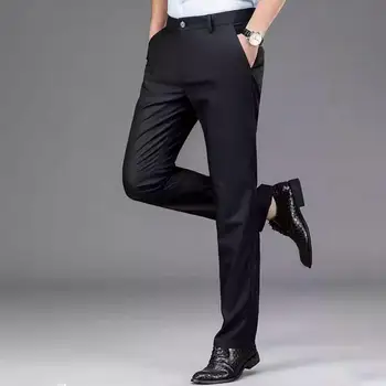 Мужские деловые брюки, прямые штанины, против морщин, Одноцветное изделие, средняя талия, утолщенные плюшевые эластичные карманы, Мужские офисные брюки для костюмов, Брюки 2