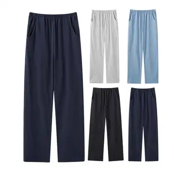 Однотонные мужские брюки для сна Мужские зимние пижамные брюки с эластичной средней талией Однотонные тонкие карманы Широкие штанины для удобства 2