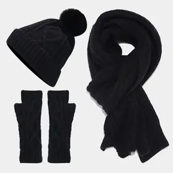 Осенне-зимняя шапка, шарф, перчатки, комплект шапок и шарфовых перчаток, зимняя теплая шапка, шарф и перчатки, комплект уютных плюшевых шапочек-шариков для женщин 2