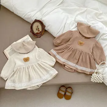Осенний детский комбинезон 2023 г., комбинезон с милым мишкой для девочек, платье принцессы, Корейская хлопковая одежда для младенцев, комбинезон с длинными рукавами для новорожденных от 0 до 2 лет 2