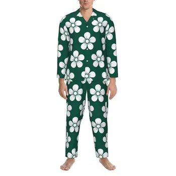 Пижама с цветочным рисунком Ditsy, мужская пижама с принтом белых цветов, Kawaii для отдыха, Весенний комплект пижам повседневного дизайна Oversize из двух частей 2