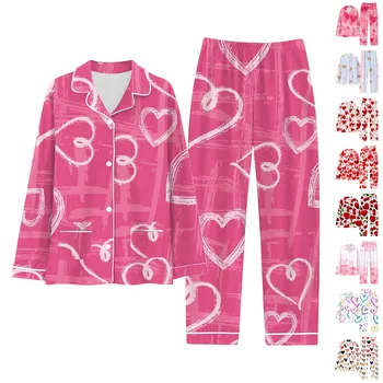 Пижамные комплекты для женщин, 2 предмета, Топ + брюки, Пижама 2024, Легкая рубашка с принтом на тему Дня Святого Валентина, Женская пижама, повседневные домашние костюмы 2