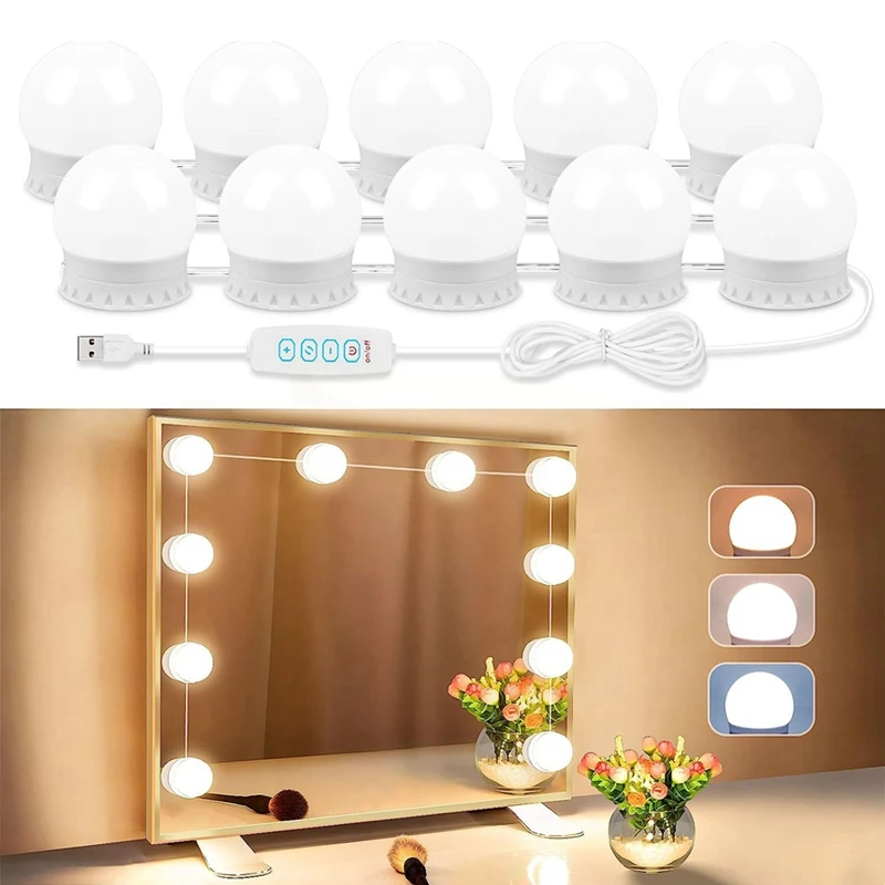 Лампочки на туалетном столике для зеркала, USB-кабель, зеркальные фонари, наклеиваются 10 лампочками с регулируемой яркостью, для макияжа Изображение 2