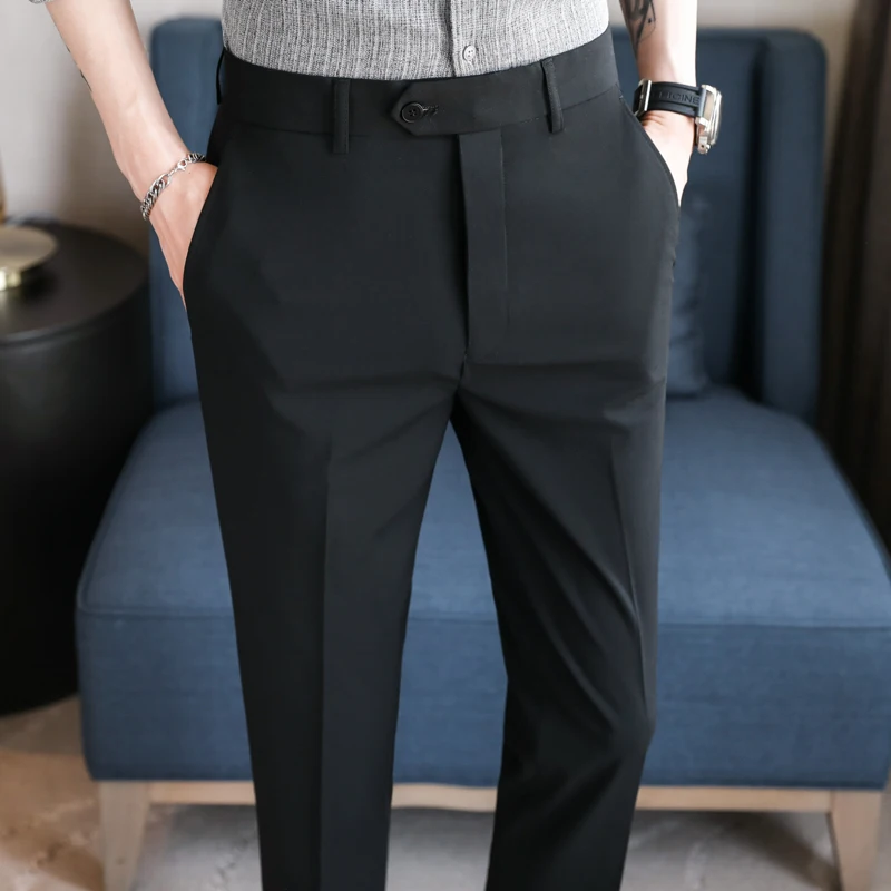Корейский летний деловой костюм из тонкого шелка льда, брюки для мужчин, одежда 2023, Официальная одежда, Приталенные Повседневные Прямые офисные брюки 44 42 Изображение 3