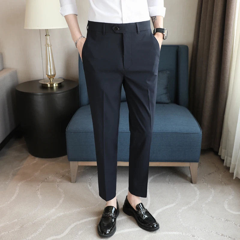 Корейский летний деловой костюм из тонкого шелка льда, брюки для мужчин, одежда 2023, Официальная одежда, Приталенные Повседневные Прямые офисные брюки 44 42 Изображение 4