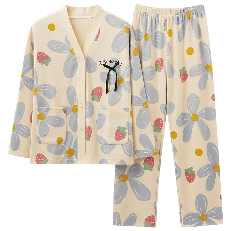 Осенне-зимние женские пижамные комплекты из хлопка с длинными рукавами, домашние костюмы, повседневная пижама с V-образным вырезом и лацканами Изображение 4
