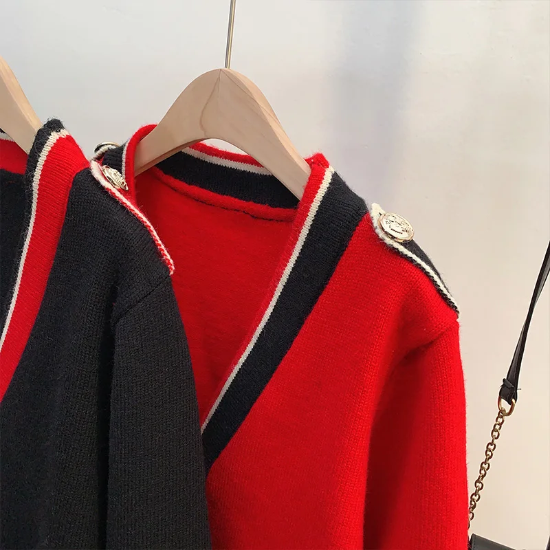 Красный кардиган, свитер, куртка женская, Южная Корея, 2023, осень и зима, новый стиль, иностранная свободная верхняя одежда, ленивый вязаный топ Изображение 1