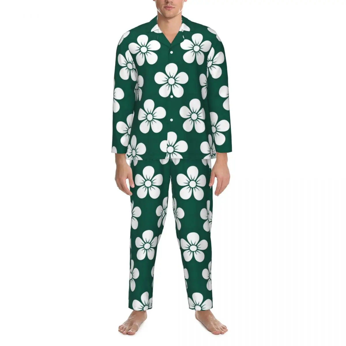 Пижама с цветочным рисунком Ditsy, мужская пижама с принтом белых цветов, Kawaii для отдыха, Весенний комплект пижам повседневного дизайна Oversize из двух частей Изображение 1