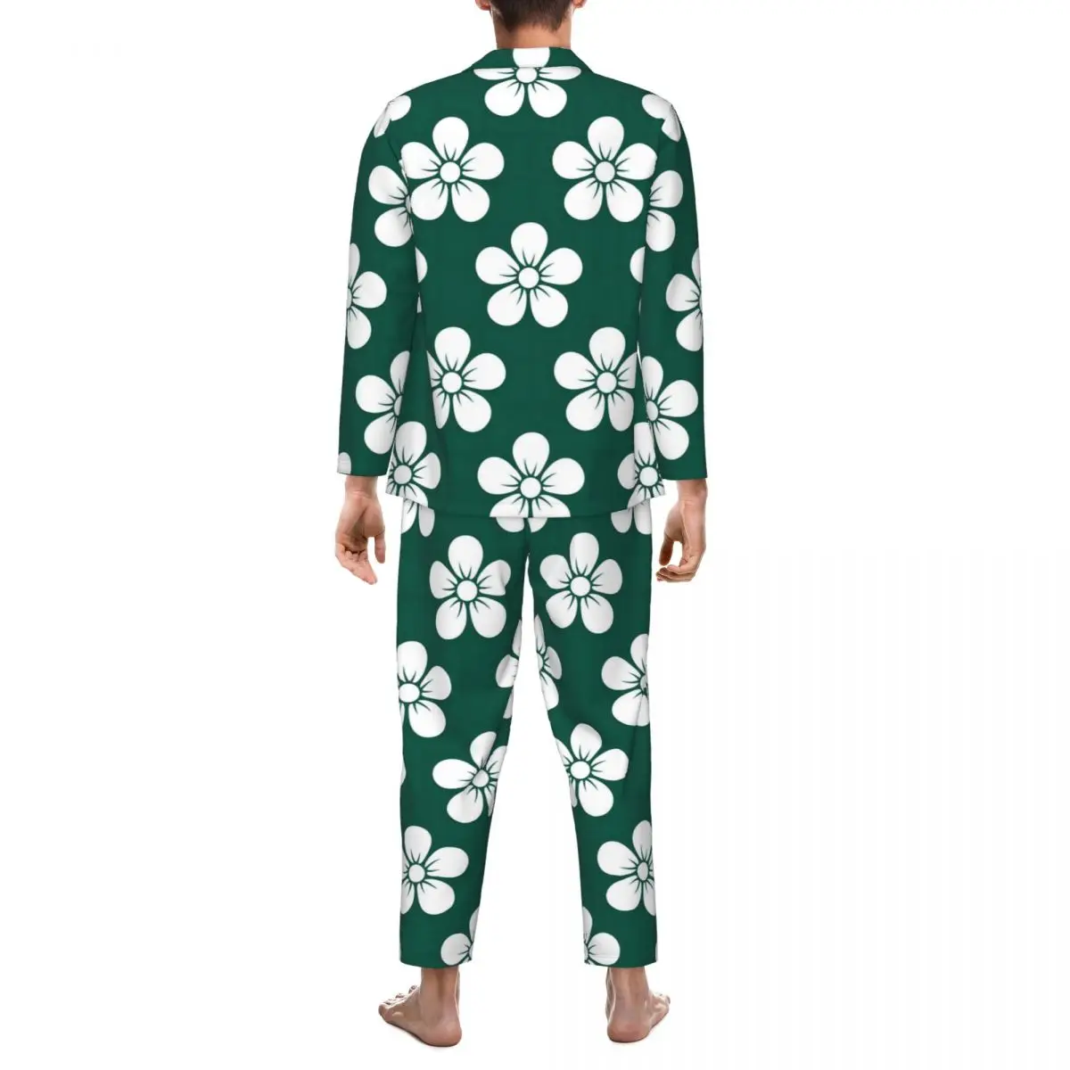 Пижама с цветочным рисунком Ditsy, мужская пижама с принтом белых цветов, Kawaii для отдыха, Весенний комплект пижам повседневного дизайна Oversize из двух частей Изображение 2
