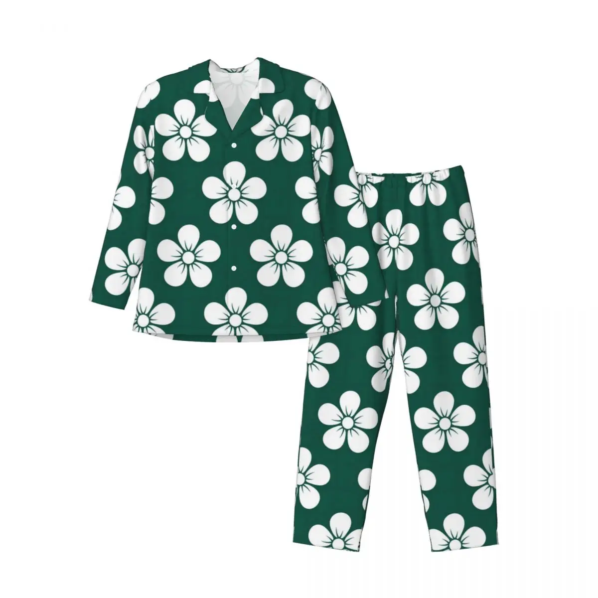 Пижама с цветочным рисунком Ditsy, мужская пижама с принтом белых цветов, Kawaii для отдыха, Весенний комплект пижам повседневного дизайна Oversize из двух частей Изображение 3