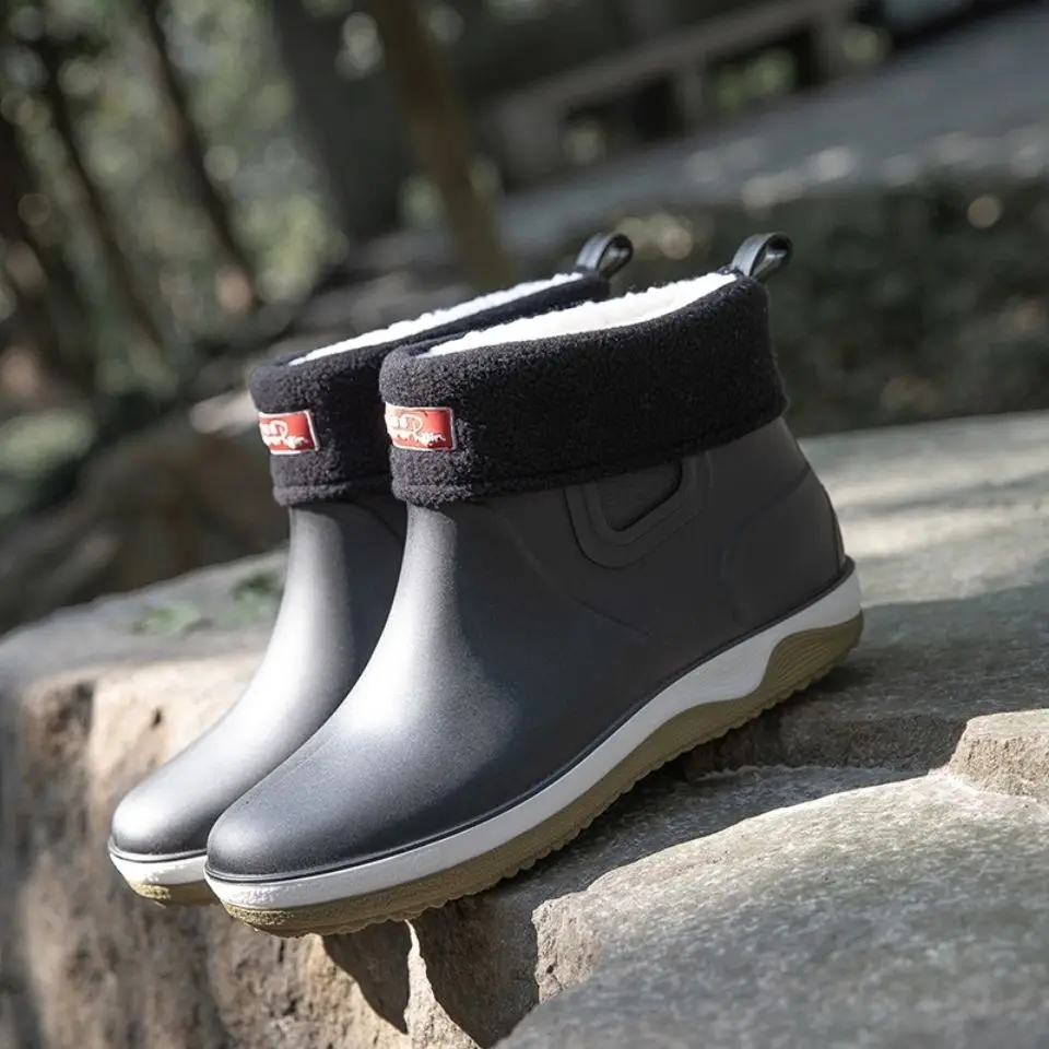 Мужские непромокаемые ботинки с короткой трубкой, водонепроницаемые и нескользящие, теплые ботинки с подкладкой Изображение 5
