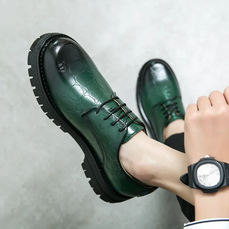 Роскошные Брендовые Оксфордские туфли на шнуровке с круглым носком и толстой подошвой, Зеленые кожаные туфли, Деловая обувь, Высококачественная повседневная обувь Изображение 2