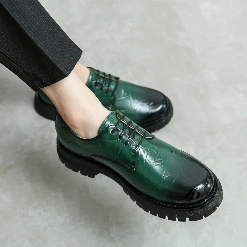 Роскошные Брендовые Оксфордские туфли на шнуровке с круглым носком и толстой подошвой, Зеленые кожаные туфли, Деловая обувь, Высококачественная повседневная обувь Изображение 3