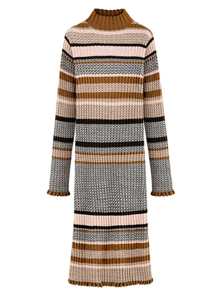 Винтажное полосатое Тонкое платье-свитер Макси, женское трикотажное облегающее платье с круглым вырезом, элегантное женское платье Миди, осенне-зимняя одежда 2023 г. Изображение 5
