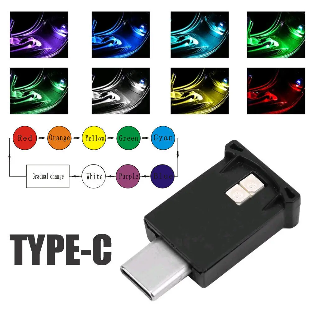 Портативный USB C Type-C RGB LED Рассеянный свет Ночные огни в салоне автомобиля Красочное атмосферное декоративное освещение для автоаксессуаров Изображение 2