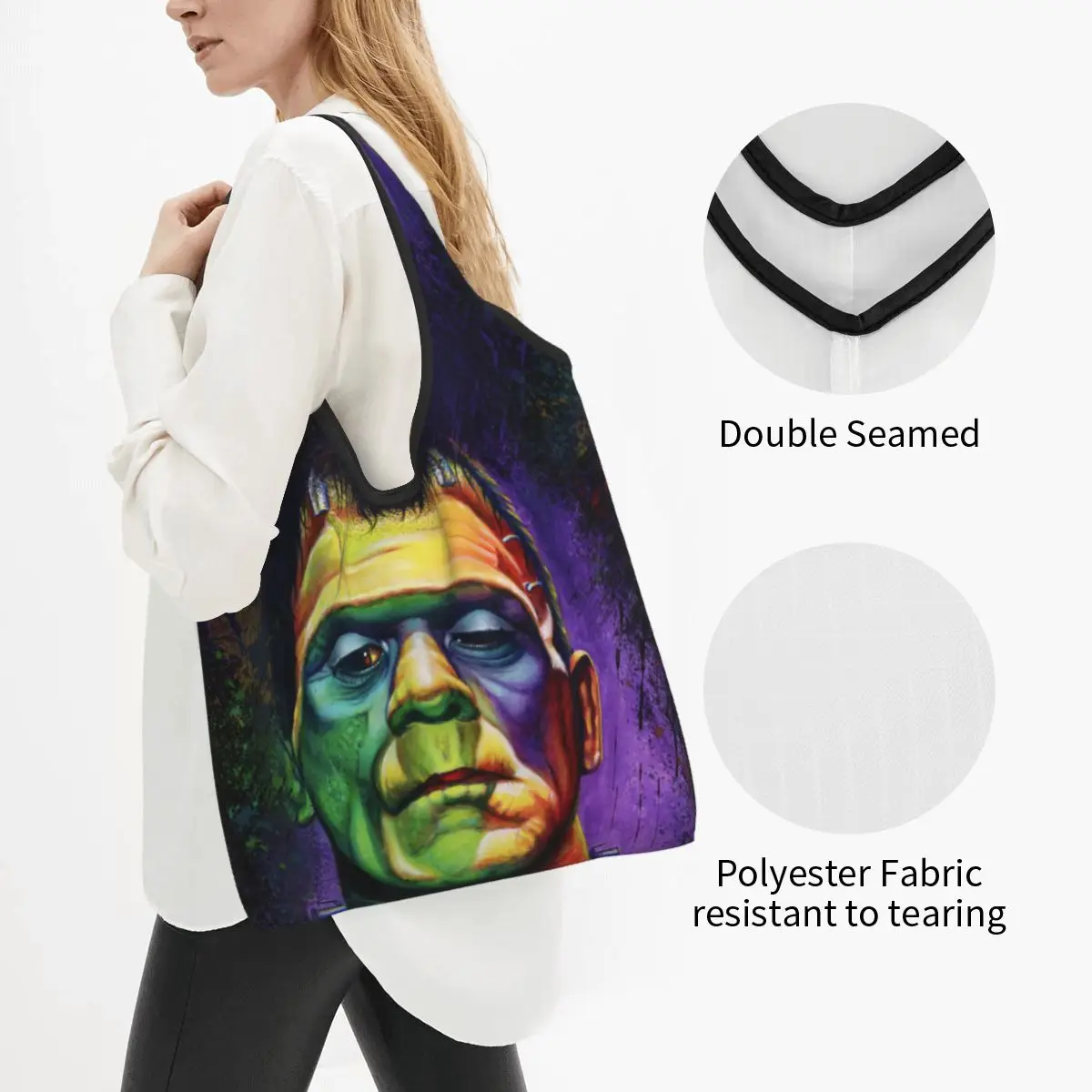 Забавные сумки-тоут с монстрами ужасов на Хэллоуин, портативная сумка для покупок с продуктами Frankenstein, сумка для покупок через плечо Изображение 1