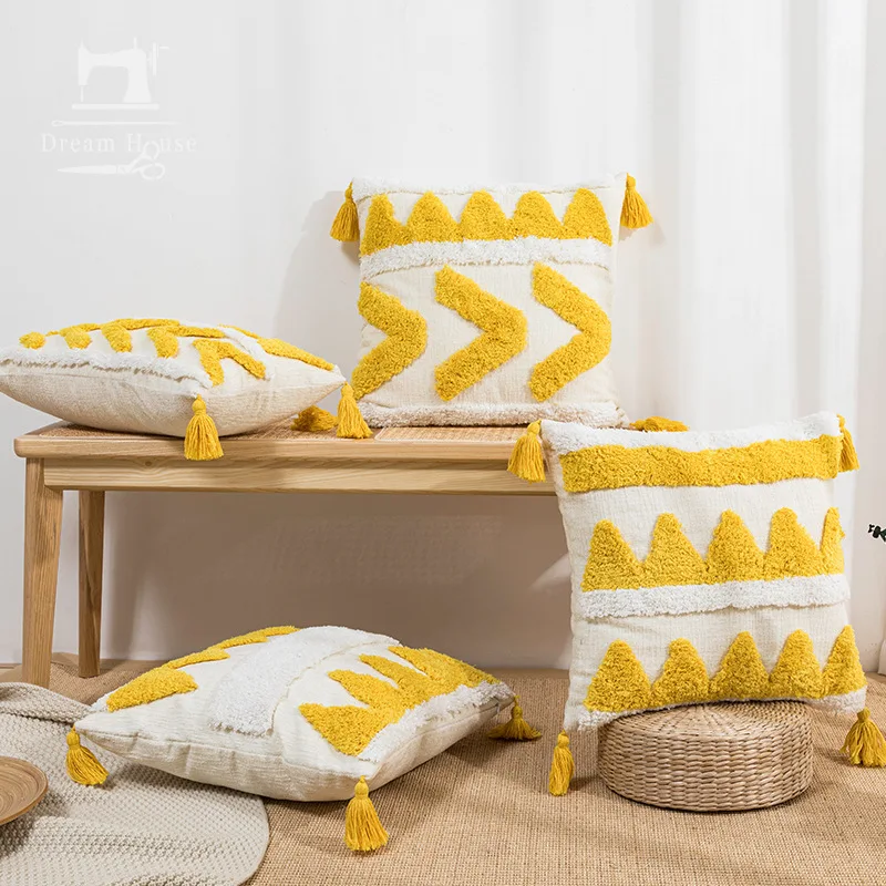 Простая подушка в скандинавском Instagram-стиле с кисточками, хохлатая подушка с Сафьяновой вышивкой для гостиной, диван-кровать и подушка для завтрака Изображение 1