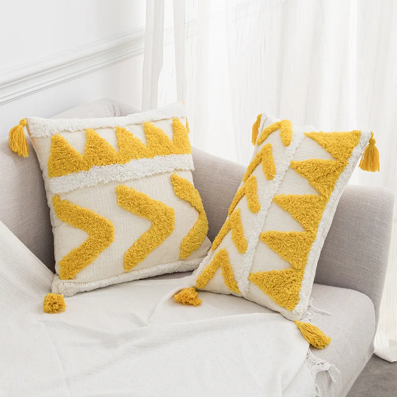 Простая подушка в скандинавском Instagram-стиле с кисточками, хохлатая подушка с Сафьяновой вышивкой для гостиной, диван-кровать и подушка для завтрака Изображение 3