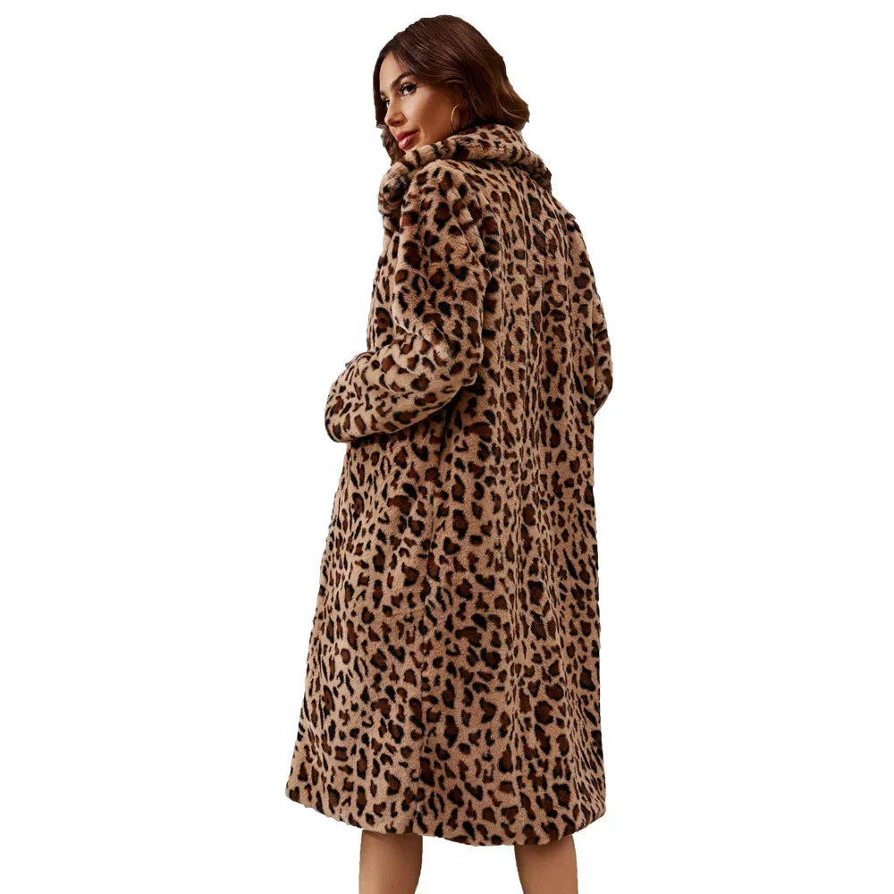 Леопардовое пальто из искусственного меха, женские длинные пальто с отложным воротником и длинным рукавом, осень-зима, свободная элегантная куртка Макси с высокой талией 2023 года выпуска Изображение 4