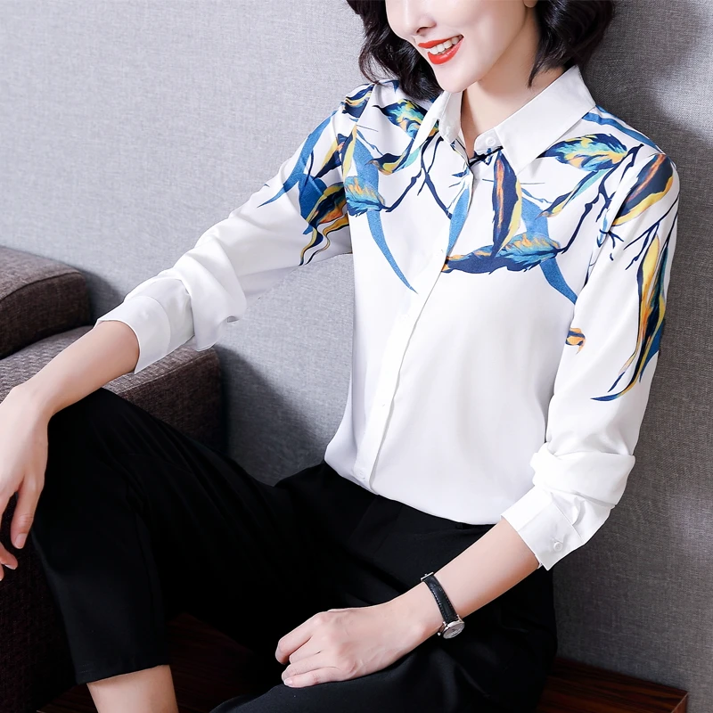 Рубашка с принтом, женские модные рубашки с длинными рукавами и цветочным рисунком, женский топ Изображение 2